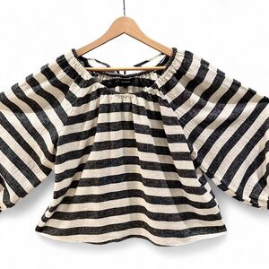 Who What Wear Women's Black and Cream Linen Peasant Blouse, size: L